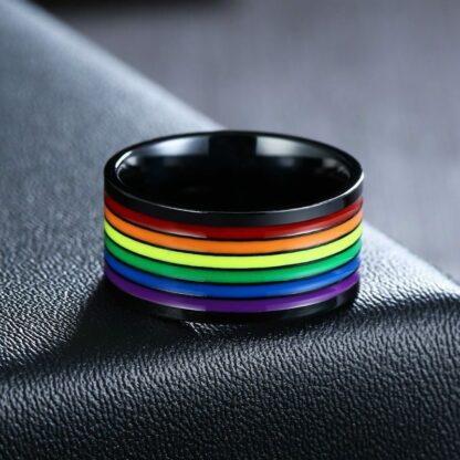 Stainless Steel Enamel Rainbow LGBT Pride Ring For Lesbian Gay Wedding Engagement Bands 10mm Men Gifts