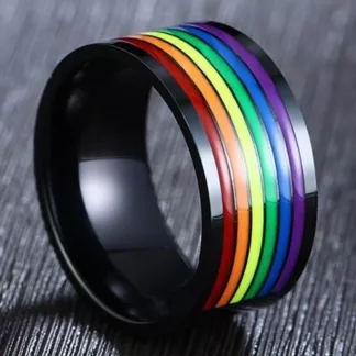 Stainless Steel Enamel Rainbow Pride Ring Band