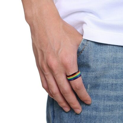 Stainless Steel Enamel Rainbow LGBT Pride Ring For Lesbian Gay Wedding Engagement Bands 10mm Men Gifts
