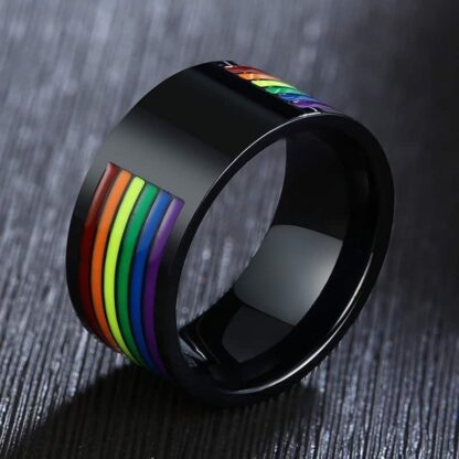 Stainless Steel Enamel Rainbow LGBT Pride Ring For Lesbian Gay Wedding Engagement Bands 10mm Men Gifts