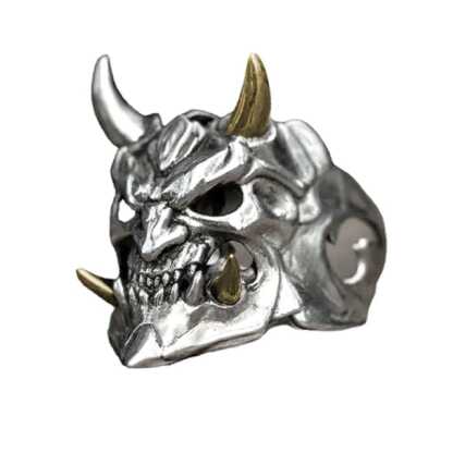 Japanese Demon Oni Mask Ring With Bronze Horn