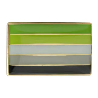 Aromantic pride flag enamel pin, dark green, light green, white, grey and black stripes