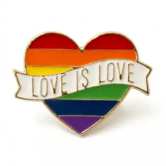 Enamel heart pin in rainbow stripes with a white banner across it reading Love is Love