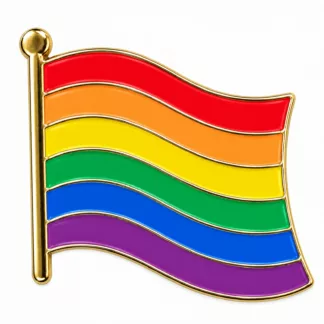 Enamel lapel pin shaped like a waving rainbow pride flag with six stripes: red, orange, yellow, green, blue and purple