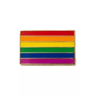 Small rectangular enamel pin of the rainbow pride flag with red, orange, yellow, green, blue and magenta stripes