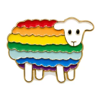Enamel lapel pin of a sheep with a rainbow striped fleece and a white face and legs
