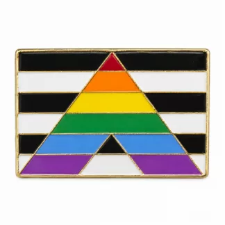 Rectangular enamel pin with black and white stripes and a rainbow A-shaped chevron, the straight ally flag