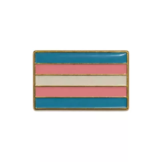 Small rectangular enamel pin of the transgender pride flag: light blue, pink, white, pink and light blue stripes