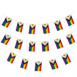 Intersex inclusive Progress Pride flag bunting strung across a white background