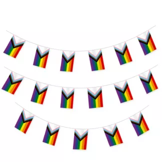 Progress Pride flag bunting strung across a white background